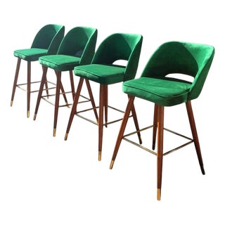Set of 4 Mid-Century Barstools | Green Velvet Brass Accent Bar Stools For Sale