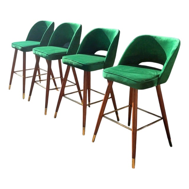 Set of 4 Mid-Century Barstools | Green Velvet Brass Accent Bar Stools For Sale