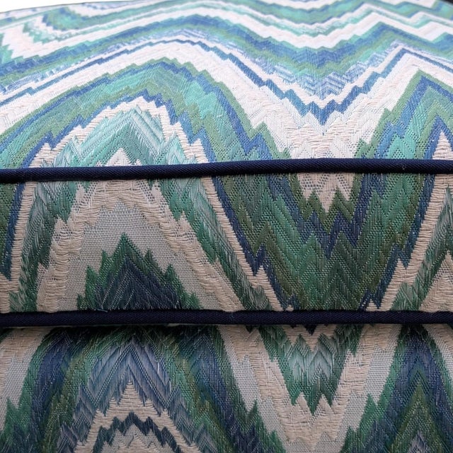 Textile Schumacher Valkyrie Flame Stitch Parsons Ottomans in Emerald & Peacock- Pair For Sale - Image 7 of 10