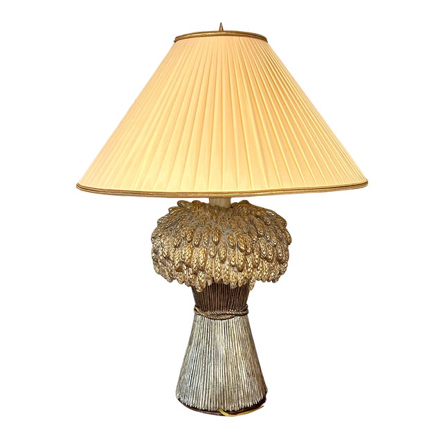 English Vintage Thomas Blakemore Sheath of Wheat Figural Gold Lamp With Original Shade For Sale - Image 3 of 8