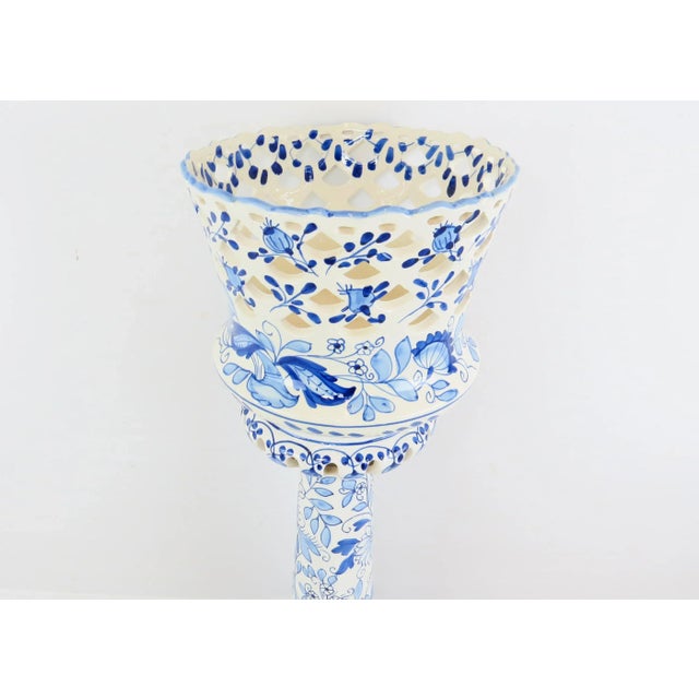 Vintage 1970s Spanish Ceramic Blue & White Reticulated Jardiniere Planter on Pedestal For Sale - Image 4 of 12