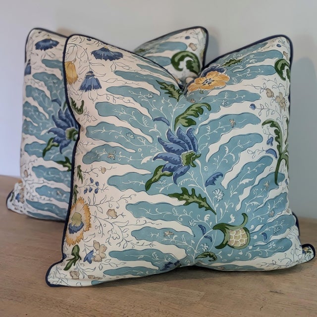 Brunschwig & Fils Riviere Aqua Pillows With Blue Cord- Double Sided Pair For Sale In Greensboro - Image 6 of 7