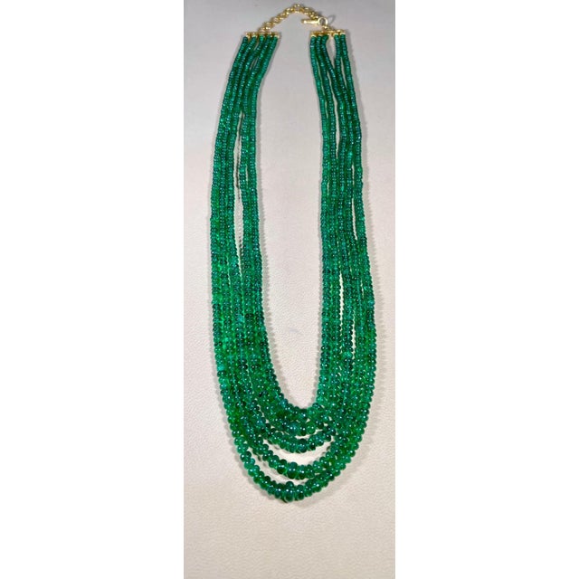 300ct Fine Emerald Beads 5 Line Necklace with 14 kt Yellow Gold Clasp Adjustable For Sale - Image 13 of 18