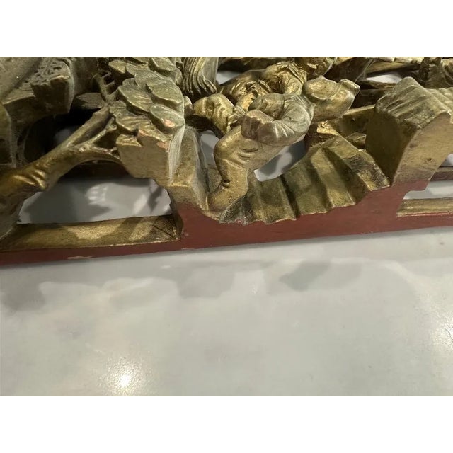 Antique Chinese Hand-Carved Wood Wall Panel – Battle Scene Relief, Gilt Finish For Sale - Image 14 of 15