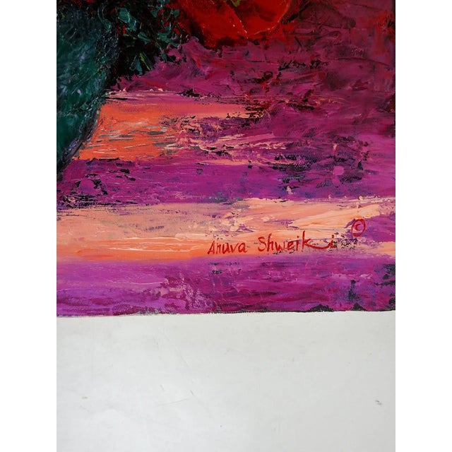 Late 20th century vibrant acrylic on canvas impasto still life painting of red poppies in teal vase. Signed Ahuva Shweiki...