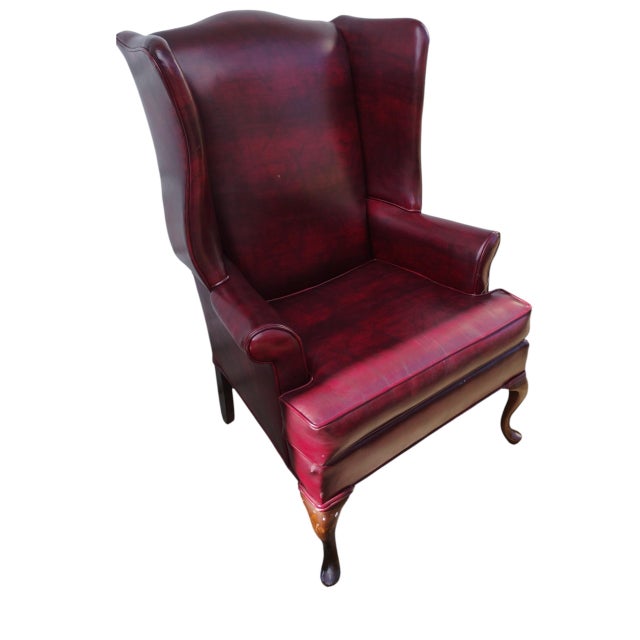 Vintage English Georgian-Style Wingback Oxblood Upholstery Lounge Chair & Matching Ottoman For Sale - Image 9 of 10