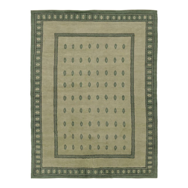 Rug & Kilim’s Art Nouveau Inspired Rug With Geometric Design in Sage Green & Beige For Sale