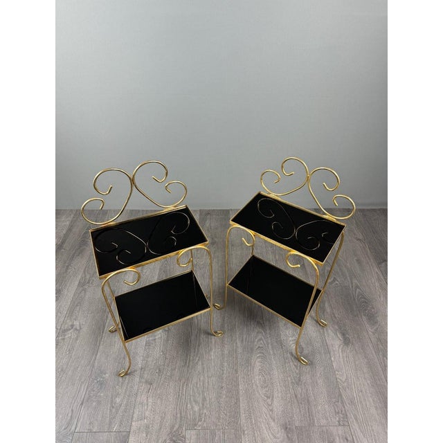 Vintage Side Tables in Gilt Metal with Glazed Ceramic Tops, 1960s, Set of 2, in Good conditions. Designed 1960 to 1969