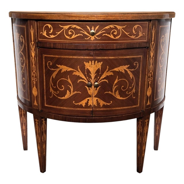Neoclassical Demi-Lune Commode in Marquetry Inlay Burl Wood, 1960s For Sale