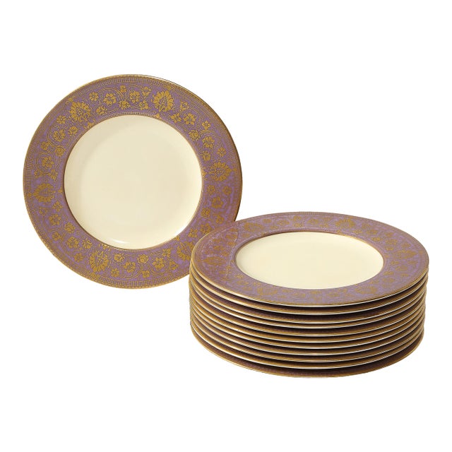 Set of 12 Gilded Age Smoked Lilac Border & Gilt Plates by Royal Worcester For Sale