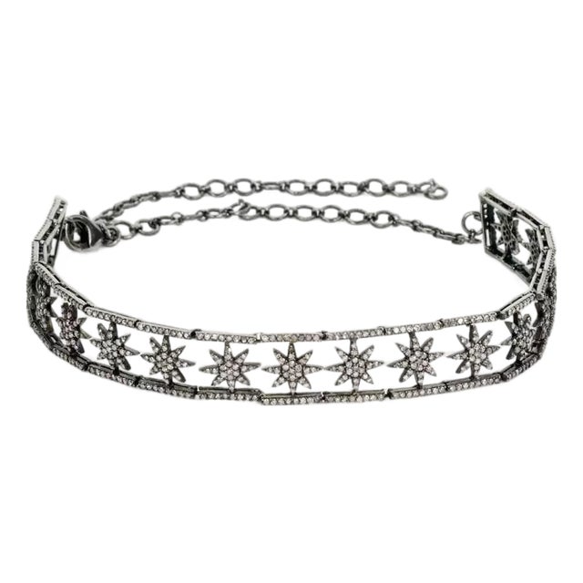 Victorian Style 5.50ct Diamond 925 Dark Silver Stars Bar Link Choker Necklace For Sale