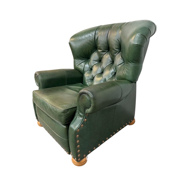 English Vintage Ethan Allen Forrest Green Leather Chesterfield Reclining Lounge Chair For Sale - Image 3 of 9