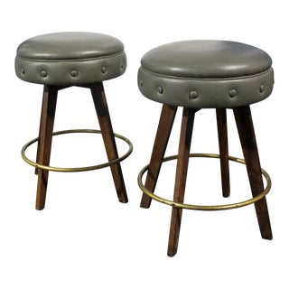 1960s Mid-Century Modern Olive Green Vinyl Bar Stools - a Pair For Sale