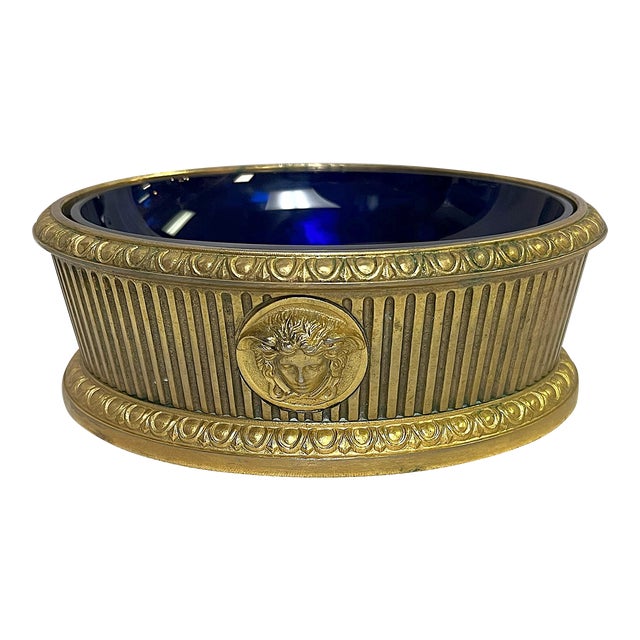 Early 1900's Georgian Style Gold Plate Oval Dish With Blue Glass Liner For Sale