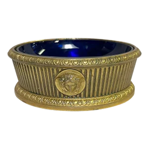 Early 1900's Georgian Style Gold Plate Oval Dish With Blue Glass Liner