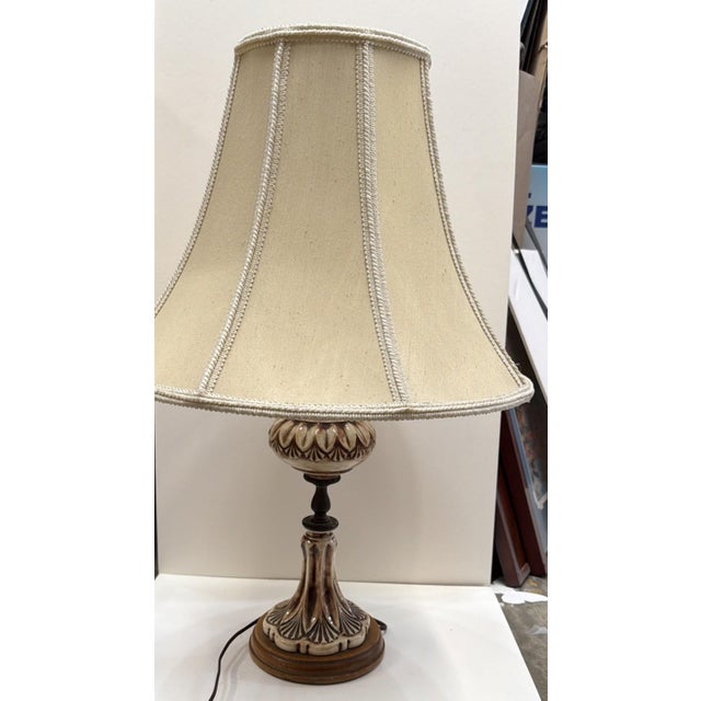 Brown Vintage Hollywood Regency Pottery Ceramic Table Lamp Brass Wood 24" Brown For Sale - Image 8 of 8