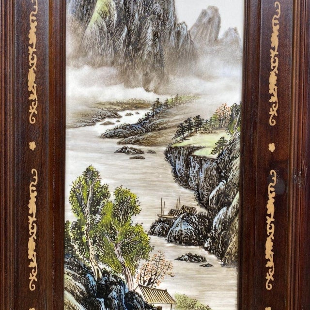 Four-Panel Rosewood Framed Porcelain Plaque Wall Screen, Ink Color Mountain Landscape, Chinoiserie Wall Art Set For Sale - Image 9 of 10