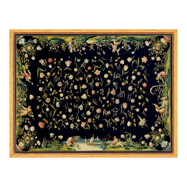 Atelier Aria Lumae Golden Age Dutch Floral Antique Tapestry Fine Art Gallery Board Print With Faux Antique Gilt Frame Print Design 32 X 24.5 For Sale