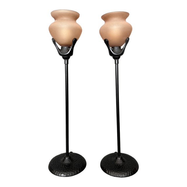 Robert Abbey Vintage Torchiere Torch Light Vase Shaped Amber Beaux Arts Mission Style Table Lamps - A Pair For Sale