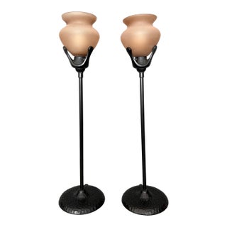 Vintage Torchiere Torch Light Vase Shaped Amber Beaux Arts Mission Style Table Lamps - A Pair For Sale