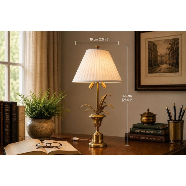 Hollywood Regency Brass Palm Leaf Double Socket Table Lamp, Europe, 1960s For Sale - Image 11 of 12