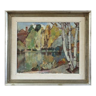Mid-Century Modern 'Autumn Reflections' Vintage Original Swedish Expressive Landscape Oil Painting, Framed For Sale