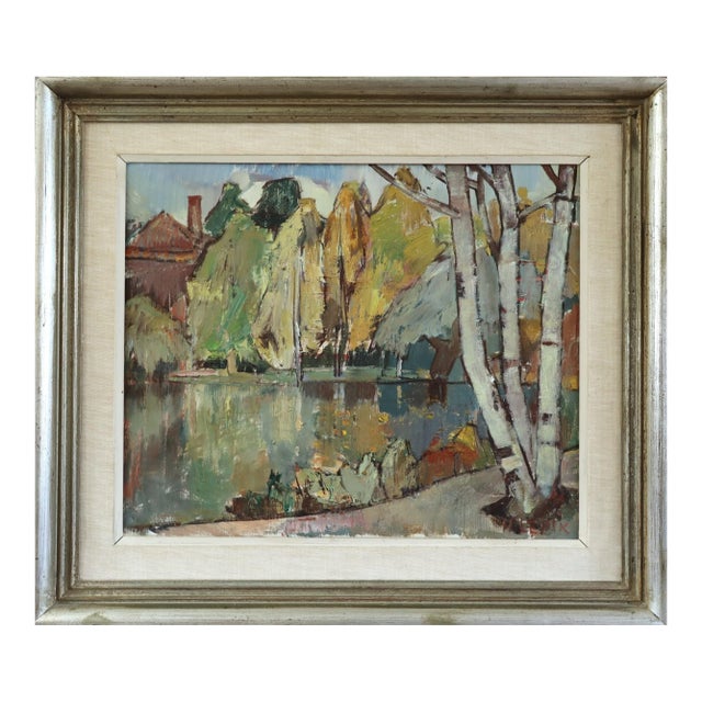 Mid-Century Modern 'Autumn Reflections' Vintage Original Swedish Expressive Landscape Oil Painting, Framed For Sale