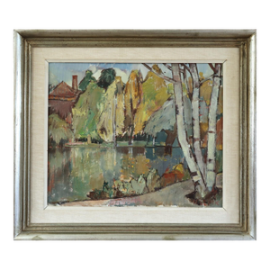 Mid-Century Modern 'Autumn Reflections' Vintage Original Swedish Expressive Landscape Oil Painting, Framed