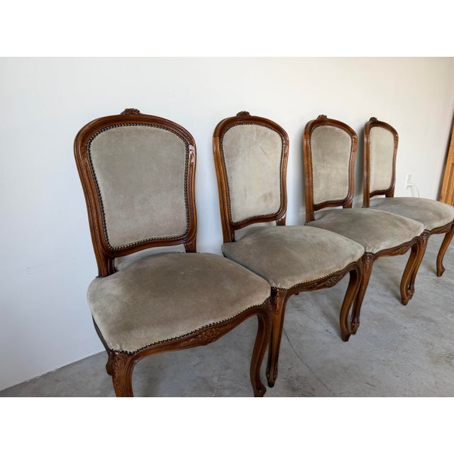 Wood 1970s Italian French Provincial Louis XV-Style Carved Wood & Suede Dining Chairs – Set of 4 For Sale - Image 7 of 12
