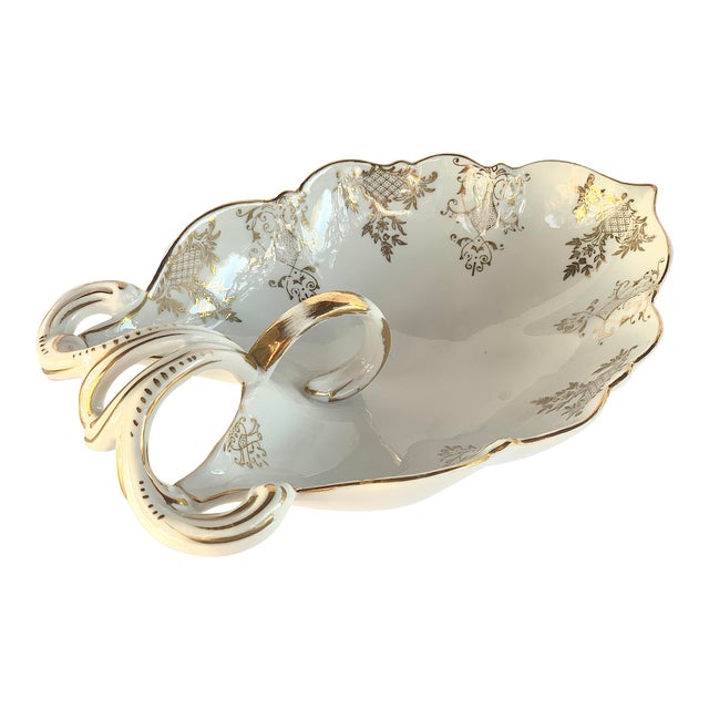 Rare Antique German Sitzendorf, Voigt Brothers Porcelain 'Dresden Style' Bowl, Vide Poche, With Ornate Handle and Intricate, Filigreed Gilt Detailing For Sale