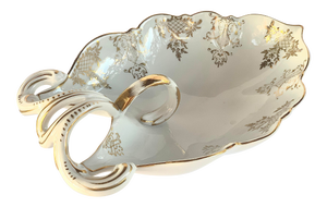 Rare Antique German Sitzendorf, Voigt Brothers Porcelain 'Dresden Style' Bowl, Vide Poche, With Ornate Handle and Intricate, Filigreed Gilt Detailing