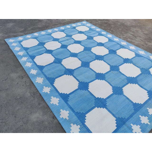 Blue Handmade Cotton Natural Vegetable Dyed Reversible Blue and White Box Pattern Vista Rug - 9'x12' For Sale - Image 8 of 11