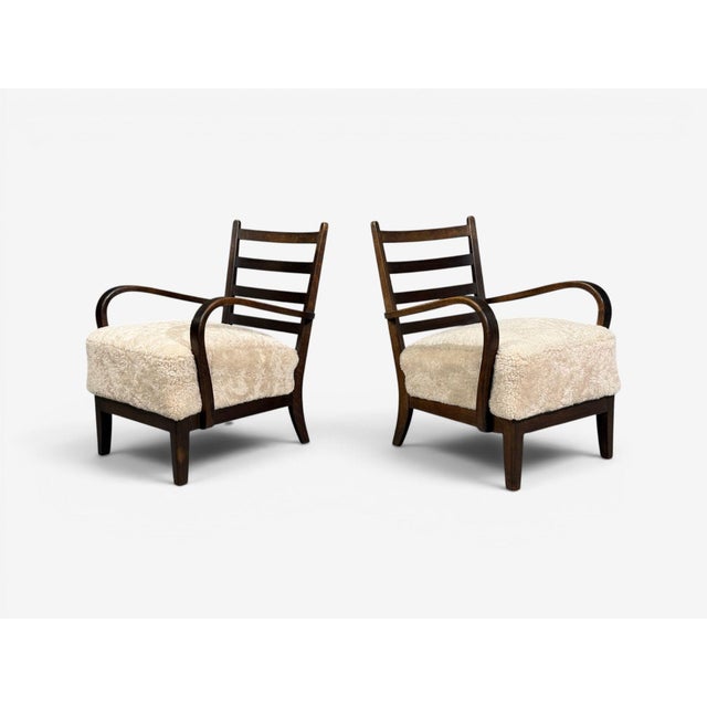 German Modern, Lounge Chairs, Oak, Beige Shearling, Germany, 1940s For Sale - Image 10 of 13