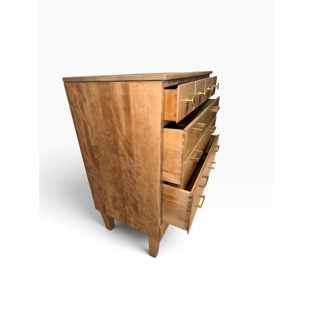 Tan Refinished Vintage Ethan Allen 3 Drawer Chest | Mid-Century Modern Style Solid Wood Dresser | Custom Two-Tone Stain Stamped CRP Bachelor Chest For Sale - Image 8 of 12