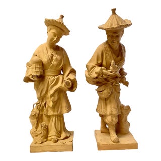 Pair of Terracotta Chinoiserie Chinese Figures, a Man and a Woman For Sale