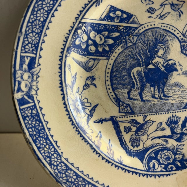 Supremely charming English Charles Allerton child's plate, Little Mae with Dog, blue Transferware, 1887, standing girl...