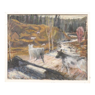 Swedish Riverscape With Cows Painting, c.1970s For Sale