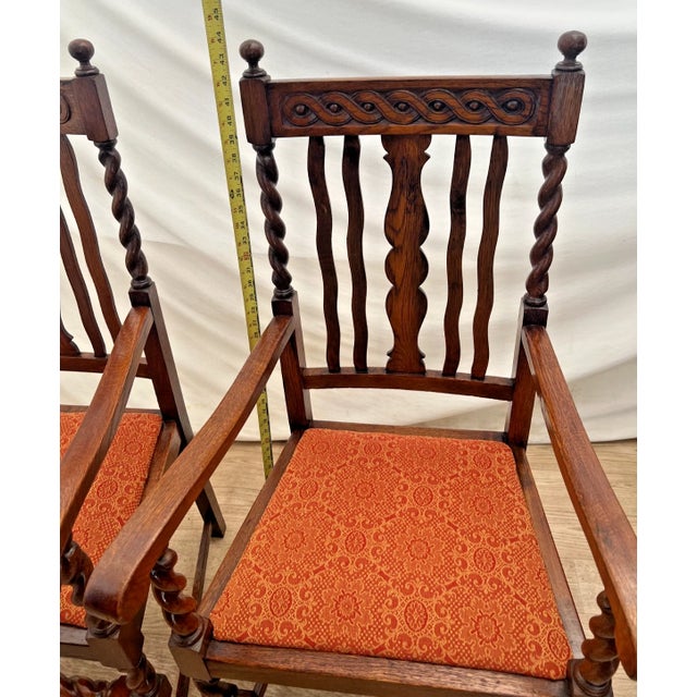 Brown Pair of Antique Jacobean Revival Barley Twist Oak Armchairs Rust & Gold Damask For Sale - Image 8 of 13