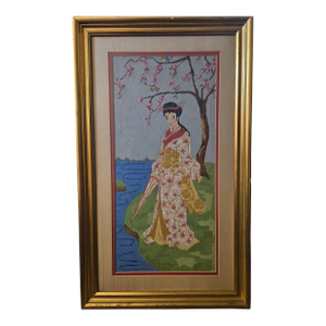 Vintage Framed/Matted Japanese Geisha Needlepoint Art Piece