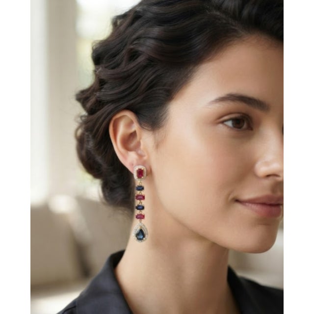 Natural Ruby Blue, Sapphire, & Diamond Earring in 14k Gold For Sale - Image 4 of 8