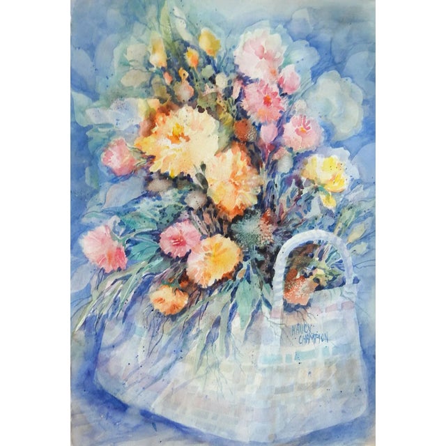 Vintage Impressionist Floral Still Life Watercolor Painting For Sale - Image 4 of 4