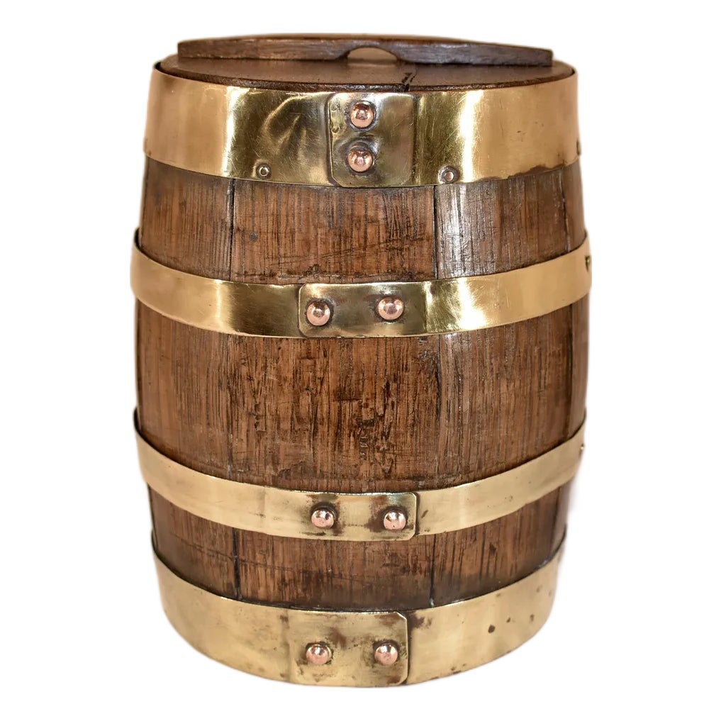 19th Century English Oak Strapped Treen Barrel | Chairish