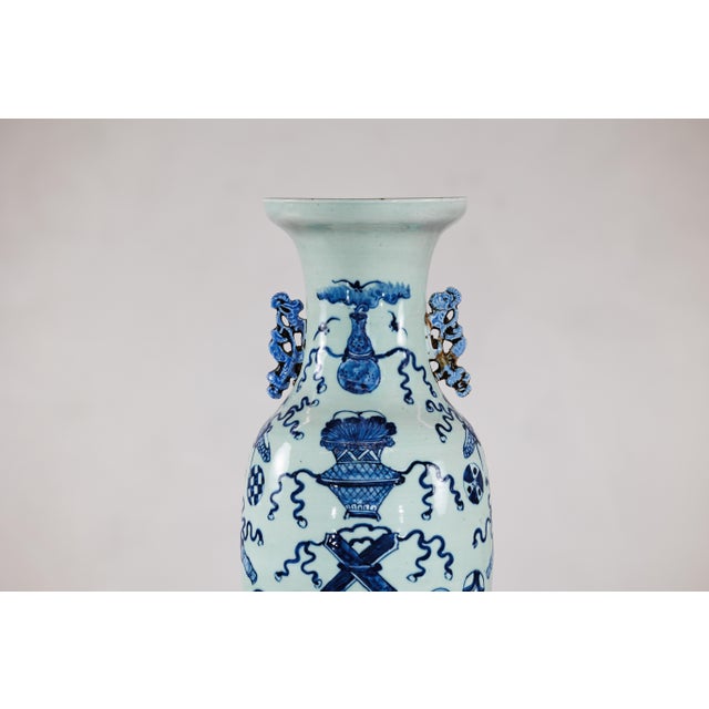 Blue and White Chinese Altar Vase with Light Celadon Tint For Sale - Image 9 of 18