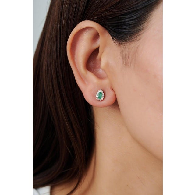 Gemstone Vintage Style Pear Cut Emerald Diamond Halo Studs in Sterling Silver, a Pair For Sale - Image 7 of 13