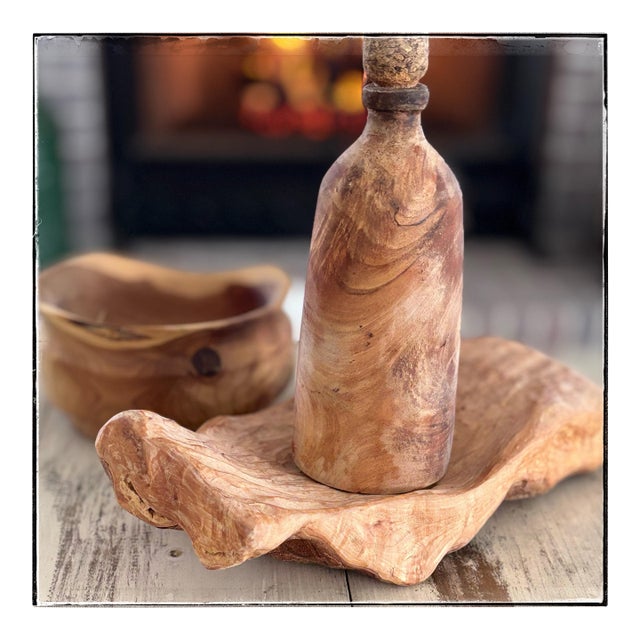 Handcrafted Wood Mantel Accents 3pc Tray Bowl Bottle For Sale