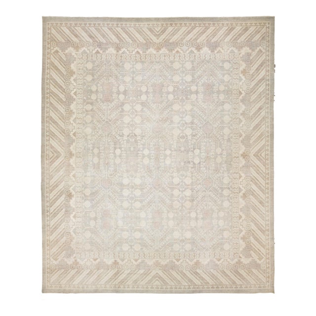 17x20 Modern Khotan Style Hand-Knotted Wool Area Rug – Geometric Neutral Palette For Sale