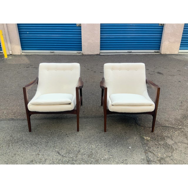 Textile Modern Walnut Mid Century Style Lounge Chairs in Cream Boucle. - Pair For Sale - Image 7 of 8