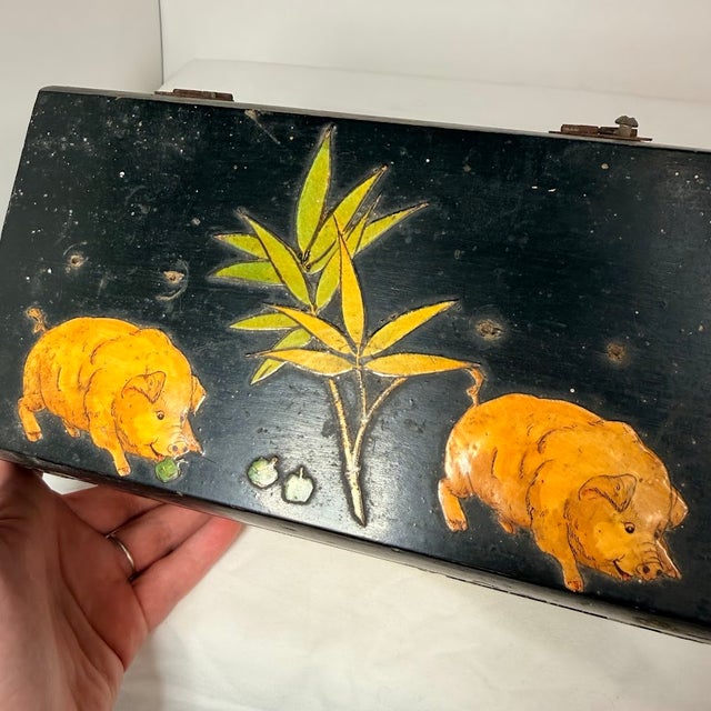 Chinese Vintage Hand Painted Chinese Wood Jewelry Box Black Lacquer Pig Flower Bamboo Red Interior For Sale - Image 3 of 13