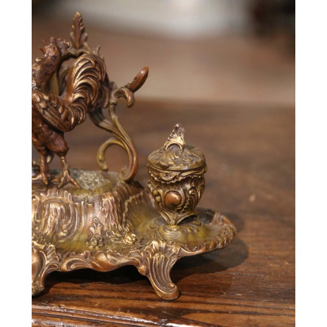 Late 19th Century 19th Century French Gilt Spelter Inkwell With Rooster Sculpture Signed A. Bossu For Sale - Image 5 of 12