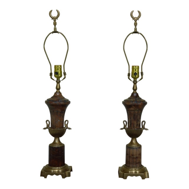 Frederick Cooper Regency Style Brass Soap Stone Urn Lamps - a Pair For Sale